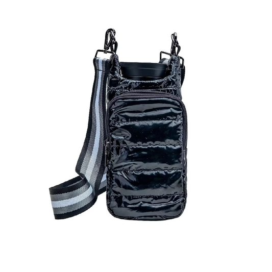 Crossbody Water Bottle Carrier with Adjustable Strap - Shiny Black